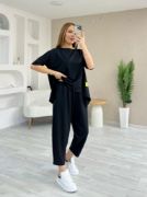 Kadın Kısa Kollu Bisiklet Yaka Viskon Iki Iplik Bluz Ve Pantolon Ikili Takım resmi